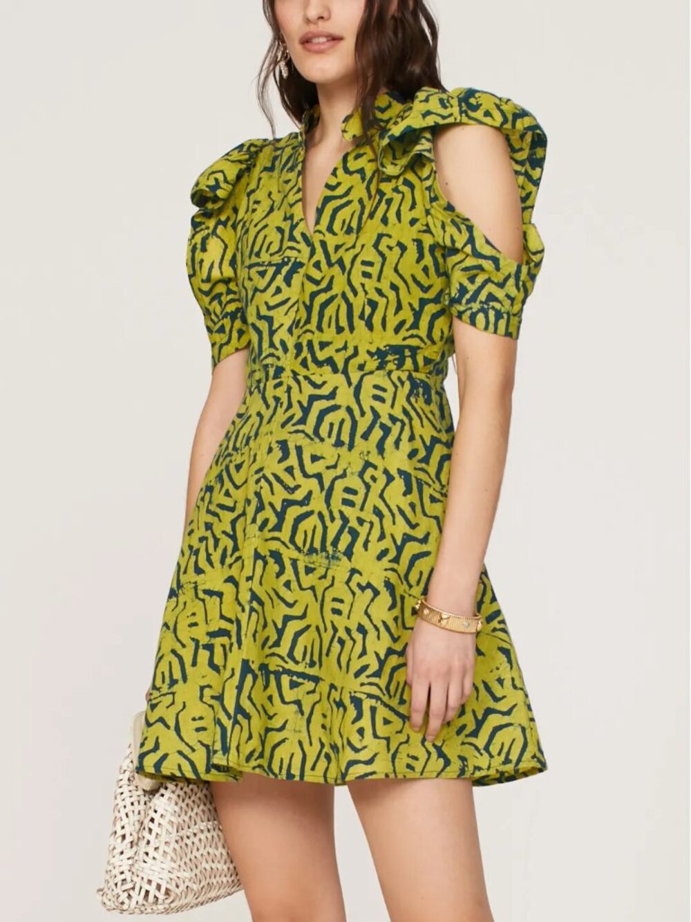 KAHINDO Mali Mini Dress Cotton Hand dyed Adire Print Puff Sleeves Cutout Summer